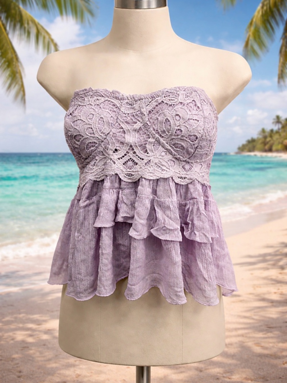 Free People Lavender Lace Tiered ruffle strapless Blouse size large